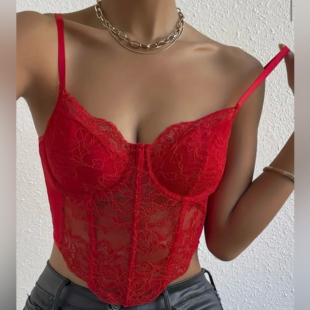 Red Lace Corset Sheer Crop Top Bralette - Picture 5 of 7